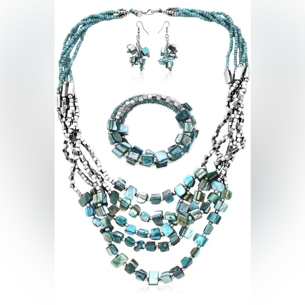 Artisanal Indonesian Jewelry Set Teal Multi-Strand Necklace, Bracelet & Earrings